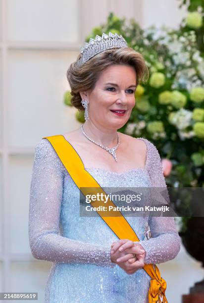 Queen Mathilde of Belgium attends the state banquet at the Laken Castle on April 16, 2024 in Brussels, Belgium.