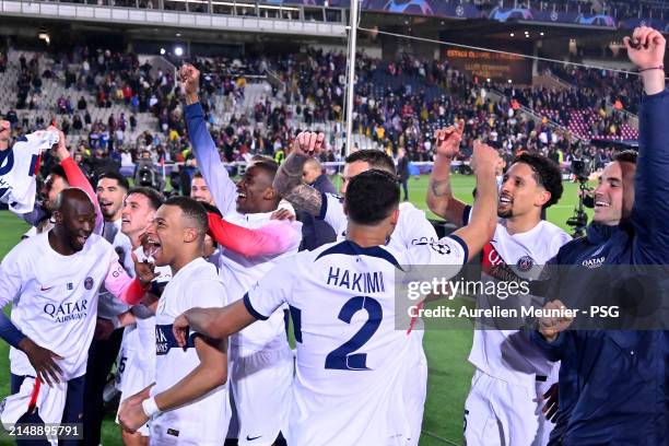 Kylian Mbappe, Achraf Hakimi, Marquinhos, Danilo of Paris Saint-Germain react after winning the UEFA Champions League quarter-final second leg match...