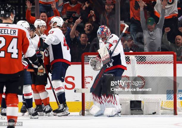 First period shot by the Philadelphia Flyers gets past Charlie Lindgren of the Washington Capitals but the whistle had been blown at the Wells Fargo...