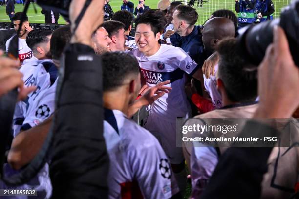 Lee Kang In of Paris Saint-Germain reacts after winning the UEFA Champions League quarter-final second leg match between FC Barcelona and Paris...