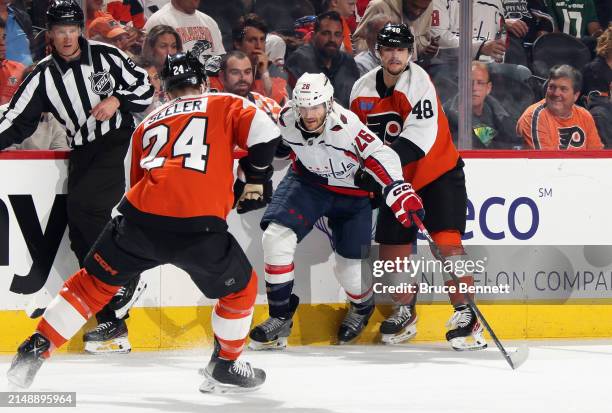 Nic Dowd of the Washington Capitals skates in his 500th NHL game against the Philadelphia Flyers at the Wells Fargo Center on April 16, 2024 in...