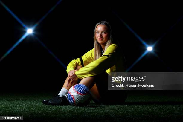 Macey Fraser poses during a Wellington Phoenix A-League women's media opportunity on April 17, 2024 in Wellington, New Zealand.
