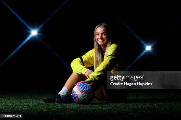 Macey Fraser poses during a Wellington Phoenix A-League women's media opportunity on April 17, 2024 in Wellington, New Zealand.