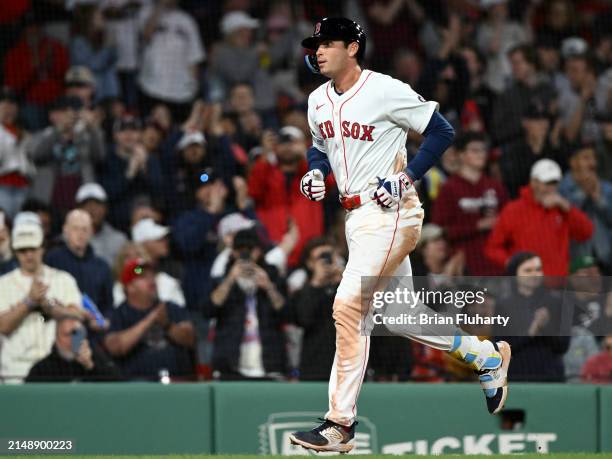 Triston Casas of the Boston Red Sox runs the bases after hitting a solo home run against the Cleveland Guardians during the sixth inning at Fenway...