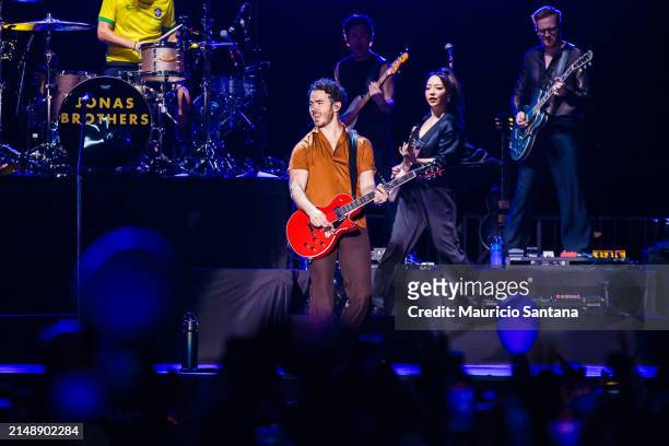 Kevin Jonas of Jonas Brothers performs live on stage during a concert on April 16, 2024 in Sao Paulo, Brazil.