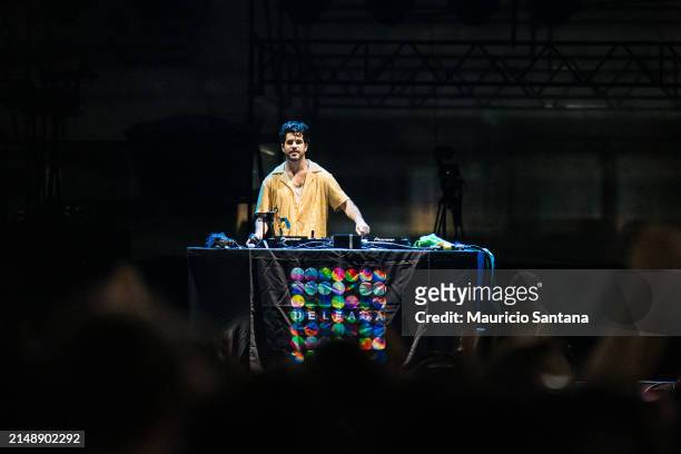 Deleasa performs live on stage before Jonas Brothers concert on April 16, 2024 in Sao Paulo, Brazil.