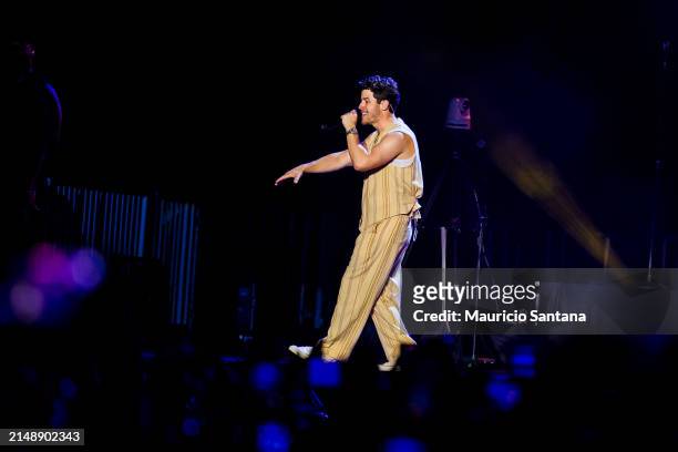 Nick Jonas of Jonas Brothers performs live on stage during a concert on April 16, 2024 in Sao Paulo, Brazil.