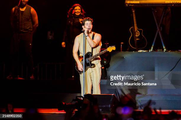 Nick Jonas of Jonas Brothers performs live on stage during a concert on April 16, 2024 in Sao Paulo, Brazil.