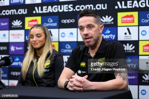 Coach Paul Temple speaks to media while Macey Fraser looks on during a Wellington Phoenix A-League women's media opportunity at NZCIS on April 17,...