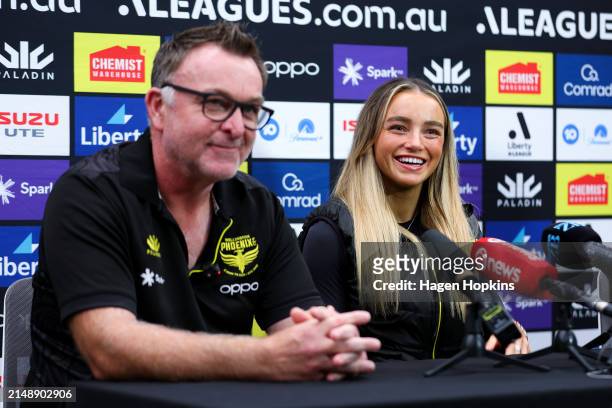 Macey Fraser speaks to media while director of football Shaun Gill looks on during a Wellington Phoenix A-League women's media opportunity at NZCIS...