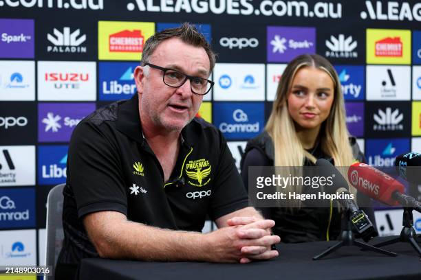 Director of football Shaun Gill speaks while Macey Fraser looks on during a Wellington Phoenix A-League women's media opportunity at NZCIS on April...
