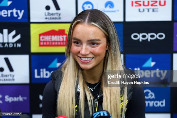 Macey Fraser speaks to media during a Wellington Phoenix A-League women's media opportunity on April 17, 2024 in Wellington, New Zealand.