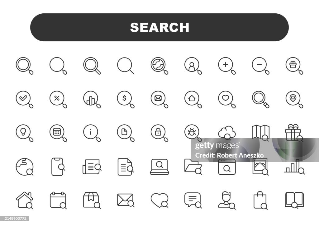 Search Line Icons. Editable Stroke. Contains such icons as Advertising, Data Analysis, Internet, Job Searching, Magnifying Glass, Performance Marketing, Search Engine, Web Browser, Discovery.