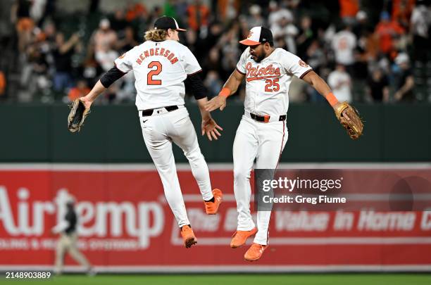 Gunnar Henderson and Anthony Santander of the Baltimore Orioles celebrate after a 11-3 victory against the Minnesota Twins at Oriole Park at Camden...