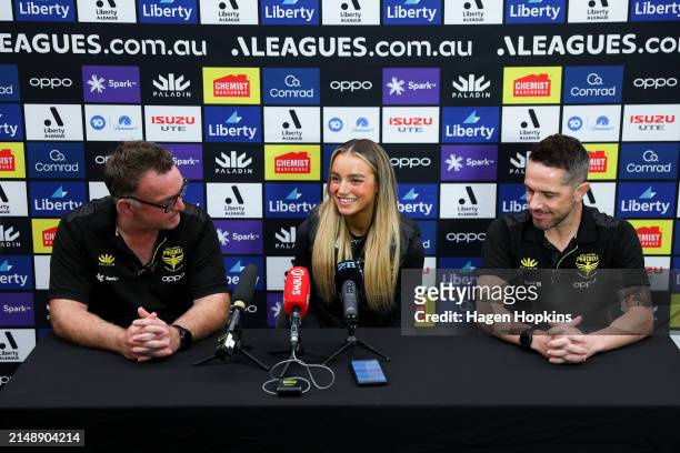 To R, Director of football Shaun Gill, Macey Fraser and coach Paul Temple look on during a Wellington Phoenix A-League women's media opportunity at...