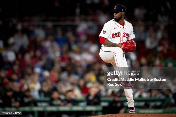 Joely Rodriguez of the Boston Red Sox pitches during the sixth inning of a game against the Cleveland Guardians on April 16, 2024 at Fenway Park in...