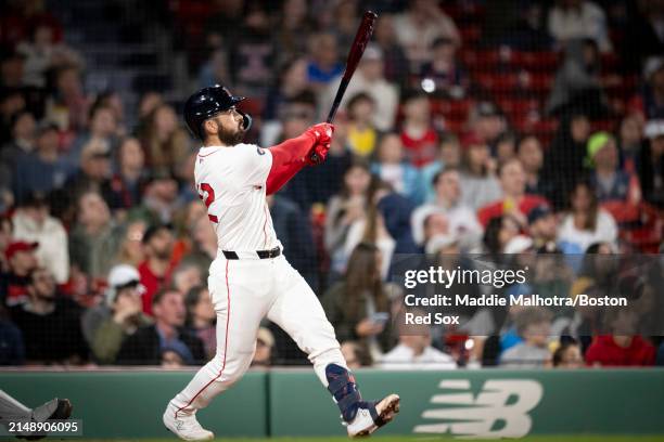 Connor Wong of the Boston Red Sox hits a two-run home run during the sixth inning of a game against the Cleveland Guardians on April 16, 2024 at...