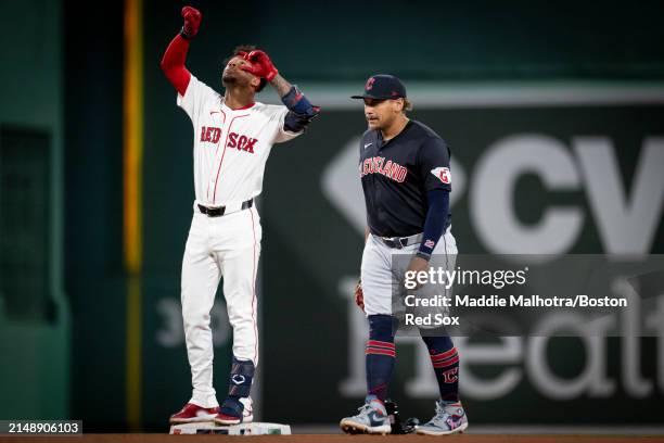 Ceddanne Rafaela of the Boston Red Sox reacts after hitting a double during the sixth inning of a game against the Cleveland Guardians on April 16,...