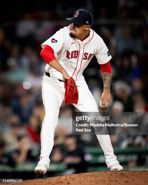 Brennan Bernardino of the Boston Red Sox pitches during the seventh inning of a game against the Cleveland Guardians on April 16, 2024 at Fenway Park...