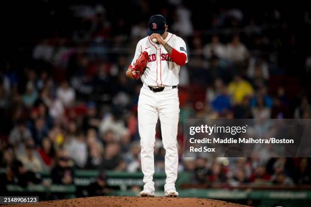 Brennan Bernardino of the Boston Red Sox pitches during the seventh inning of a game against the Cleveland Guardians on April 16, 2024 at Fenway Park...