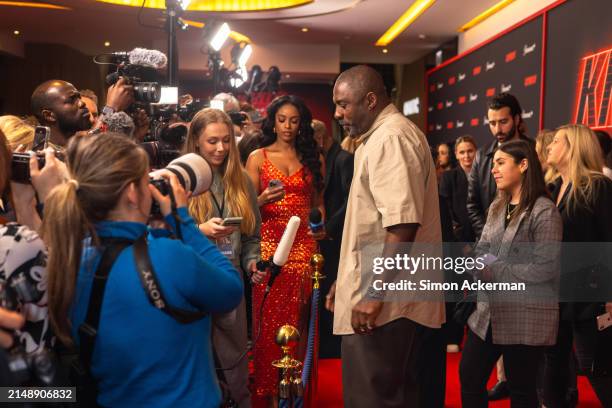 Idris Elba is interviewed on the red carpet at the "Knuckles" Global Premiere at the Odeon Luxe West End on April 16, 2024 in London, England.