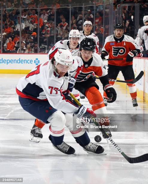 Oshie of the Washington Capitals carries the puck against the Philadelphia Flyers during the third period at the Wells Fargo Center on April 16, 2024...