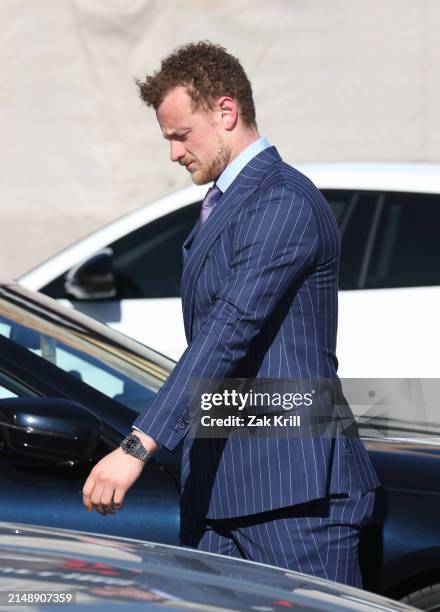 Jack Eichel of the Vegas Golden Knights arrives prior to a game against the Chicago Blackhawks at T-Mobile Arena on April 16, 2024 in Las Vegas,...