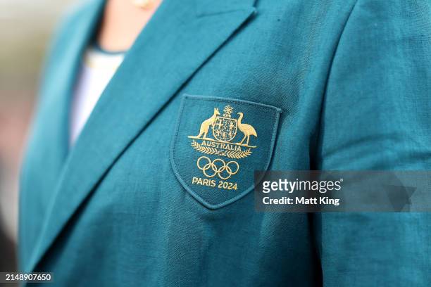 Detailed uniform view during the Australian 2024 Paris Olympic Games Official Uniform Launch at Clovelly Surf Club on April 17, 2024 in Sydney,...