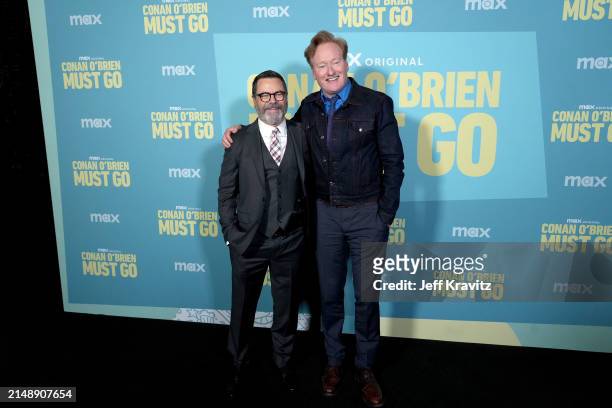 Nick Offerman and Conan O'Brien attend the Photo Call For Los Angeles premiere of "Conan O'Brien Must Go" at Avalon Hollywood & Bardot on April 16,...