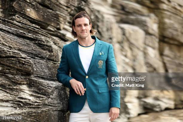 Australian athlete Blake Edwards poses during the Australian 2024 Paris Olympic Games Official Uniform Launch at Clovelly Surf Club on April 17, 2024...