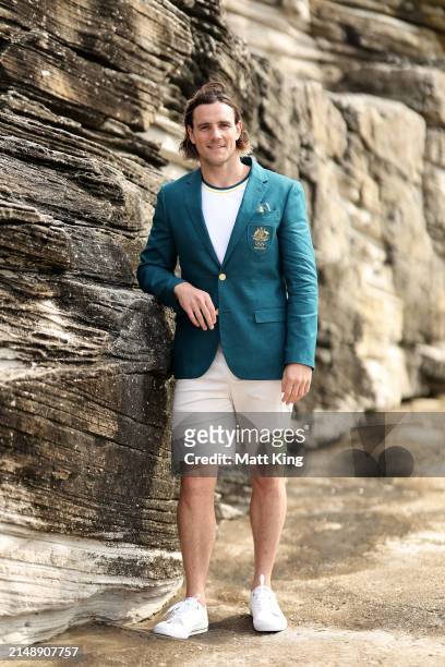 Australian athlete Blake Edwards poses during the Australian 2024 Paris Olympic Games Official Uniform Launch at Clovelly Surf Club on April 17, 2024...