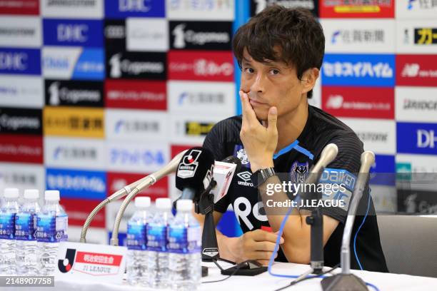 Head coach Tsuneyasu Miyamoto of Gamba Osaka speaks at the post match press conference after the J.League J1 match between Sagan Tosu and Gamba Osaka...