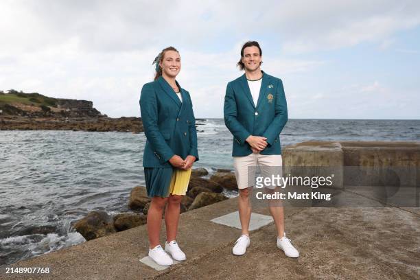 Australian athletes Tilly Kearns and Blake Edwards pose during the Australian 2024 Paris Olympic Games Official Uniform Launch at Clovelly Surf Club...