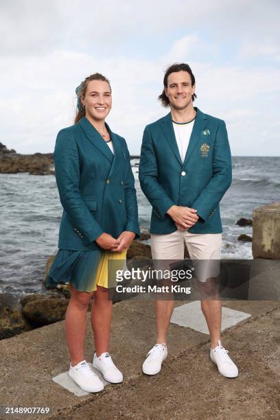 Australian athletes Tilly Kearns and Blake Edwards pose during the Australian 2024 Paris Olympic Games Official Uniform Launch at Clovelly Surf Club...