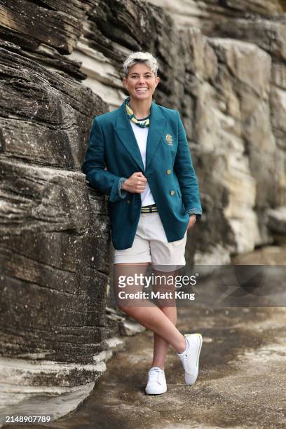 Australian athlete Michelle Heyman poses during the Australian 2024 Paris Olympic Games Official Uniform Launch at Clovelly Surf Club on April 17,...