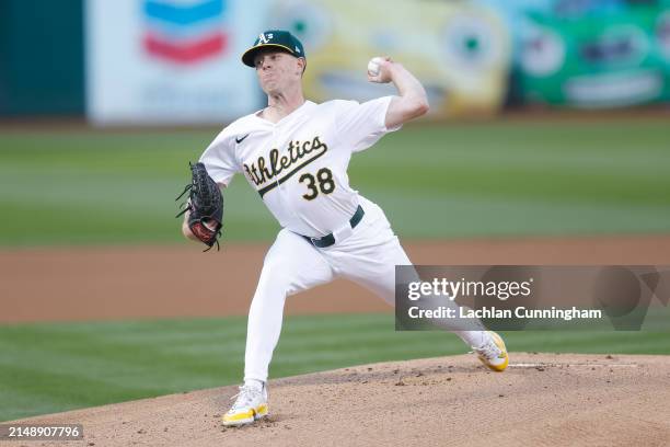 Sears of the Oakland Athletics pitches in the top of the first inning against the St. Louis Cardinals at Oakland Coliseum on April 16, 2024 in...