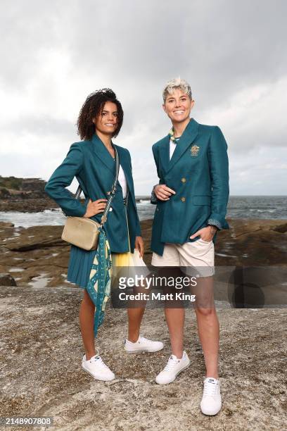 Australian athletes Torrie Lewis and Michelle Heyman pose during the Australian 2024 Paris Olympic Games Official Uniform Launch at Clovelly Surf...