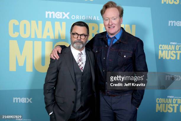 Nick Offerman and Conan O'Brien attend the Photo Call For Los Angeles premiere of "Conan O'Brien Must Go" at Avalon Hollywood & Bardot on April 16,...