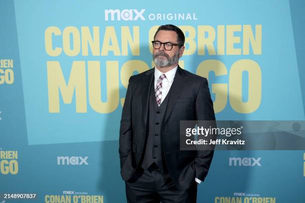 Nick Offerman attends the Photo Call For Los Angeles premiere of "Conan O'Brien Must Go" at Avalon Hollywood & Bardot on April 16, 2024 in Los...