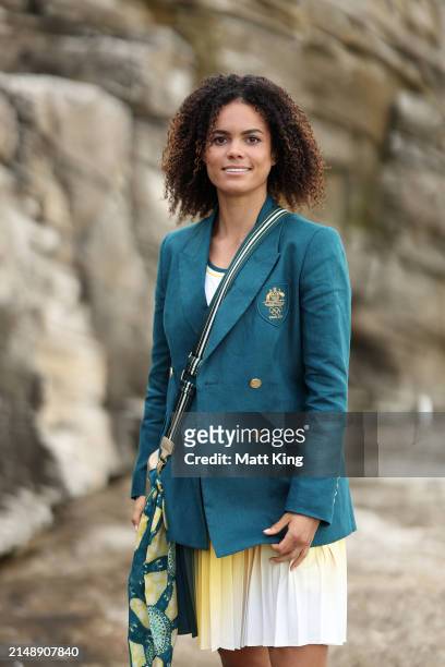 Australian athlete Torrie Lewis poses during the Australian 2024 Paris Olympic Games Official Uniform Launch at Clovelly Surf Club on April 17, 2024...