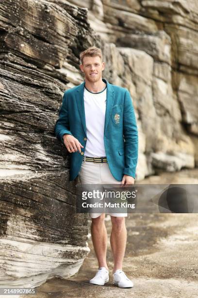 Australian athlete Tom Green poses during the Australian 2024 Paris Olympic Games Official Uniform Launch at Clovelly Surf Club on April 17, 2024 in...