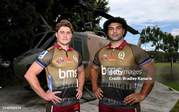 James O'Connor and Zane Nonggorr poses for a photo during the unveiling of the Queensland Reds 2024 ANZAC jersey at Enoggera Barracks on April 17,...