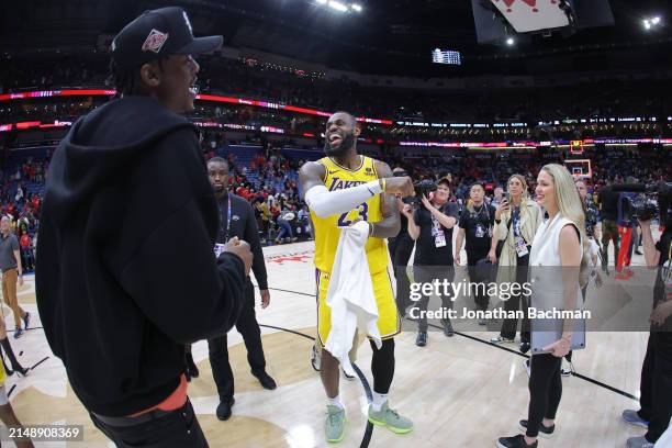 LeBron James of the Los Angeles Lakers celebrates after winning a play-in tournament game against the New Orleans Pelicans at the Smoothie King...