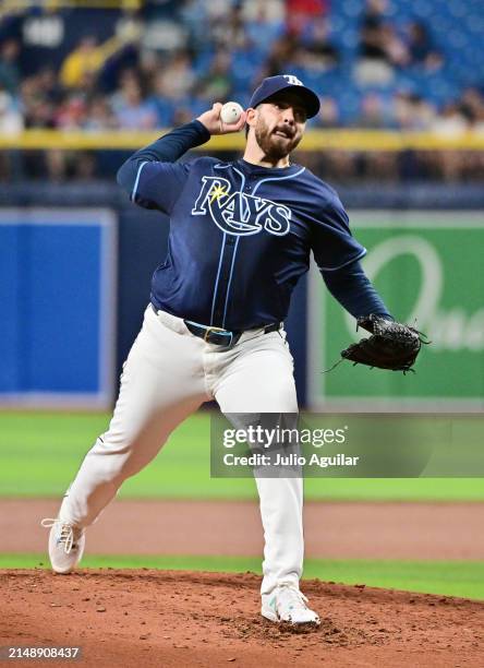 Aaron Civale of the Tampa Bay Rays delivers a pitch to the Los Angeles Angels in the third inning at Tropicana Field on April 16, 2024 in St...