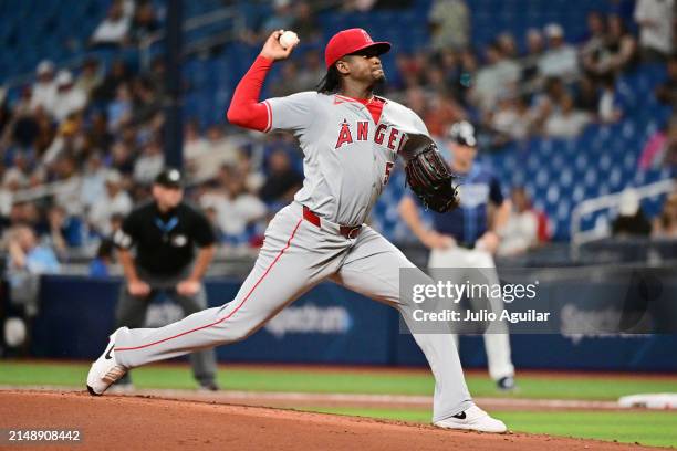 José Soriano of the Los Angeles Angels delivers a pitch to the Tampa Bay Rays in the first inning at Tropicana Field on April 16, 2024 in St...