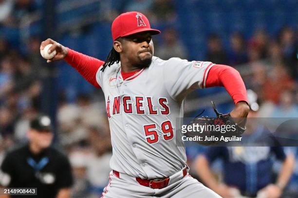 José Soriano of the Los Angeles Angels delivers a pitch to the Tampa Bay Rays in the first inning at Tropicana Field on April 16, 2024 in St...