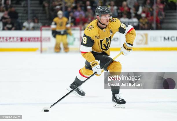 Jack Eichel of the Vegas Golden Knights shoots the puck during the first period against the Chicago Blackhawks at T-Mobile Arena on April 16, 2024 in...