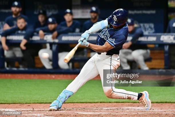 Richie Palacios of the Tampa Bay Rays hits an RBI double in the 13th inning against the Los Angeles Angels at Tropicana Field on April 16, 2024 in St...