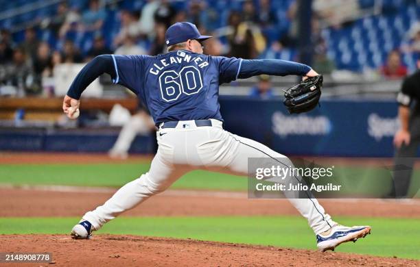 Garrett Cleavinger of the Tampa Bay Rays delivers a pitch to the Los Angeles Angels in the 13th inning at Tropicana Field on April 16, 2024 in St...