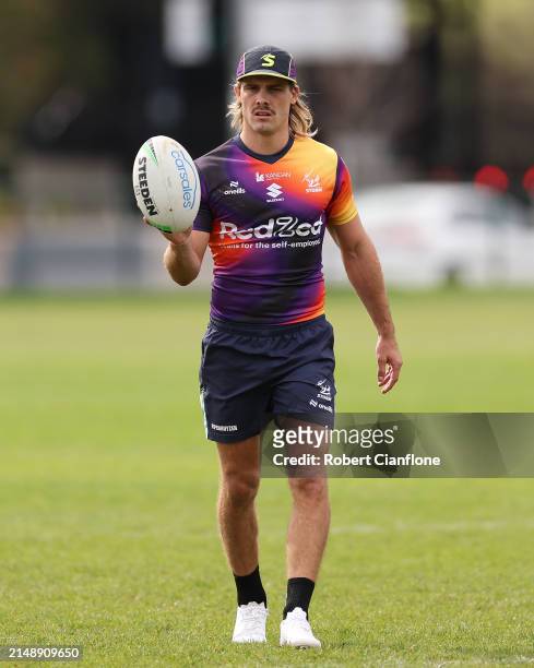 Ryan Papenhuyzen of the Storm looks on during a Melbourne Storm NRL training session at Gosch's Paddock on April 17, 2024 in Melbourne, Australia.